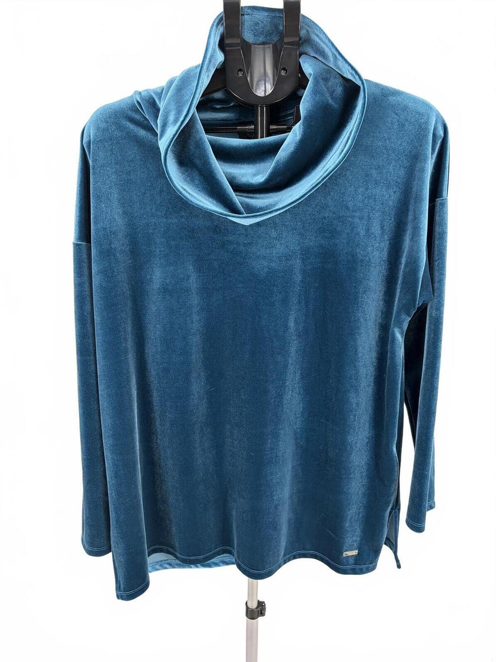 Jones New York Women's Large Blue Velvet Cowl Neck Top Relaxed Fit